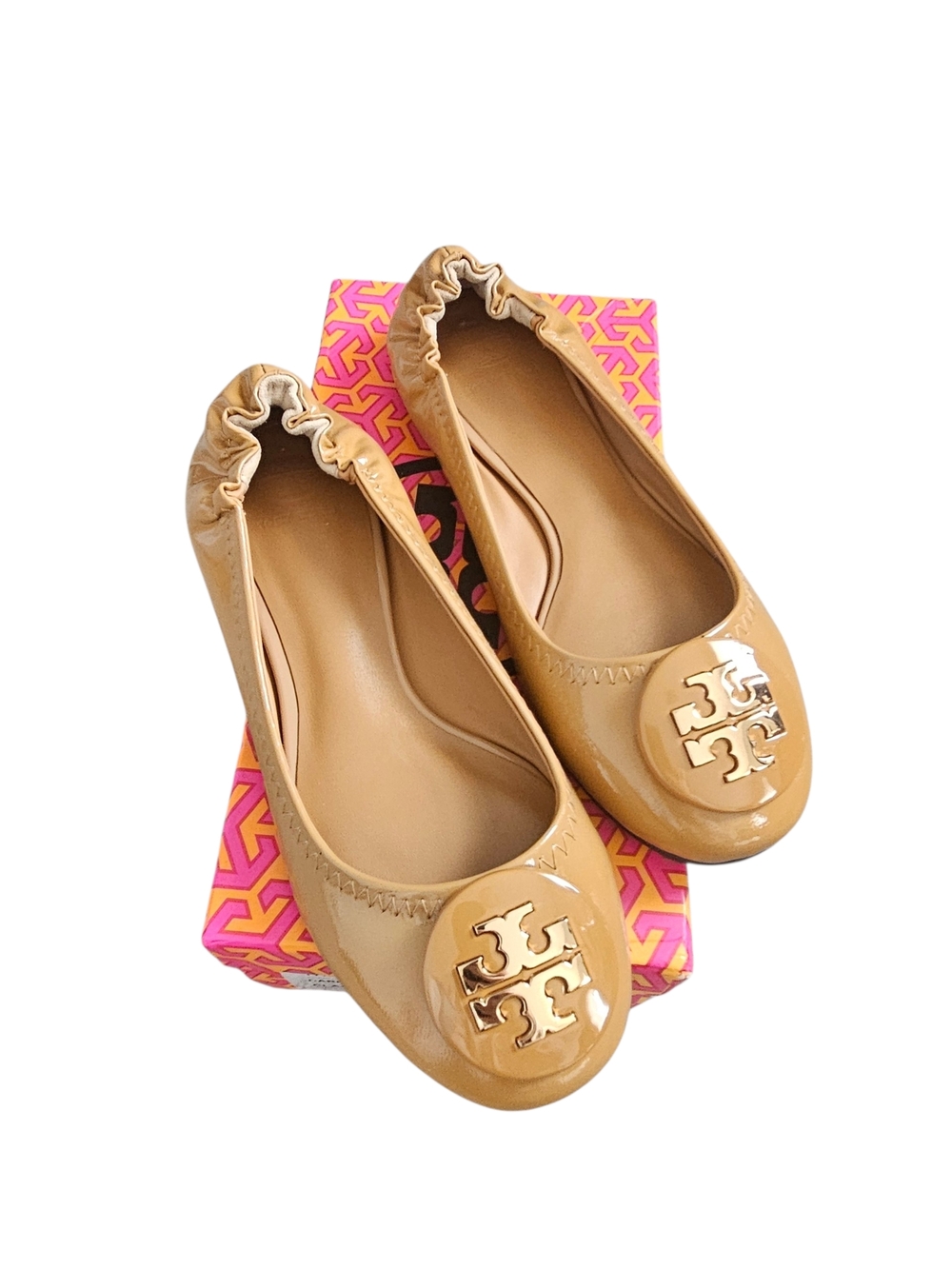 Tory Burch Camel Patent Leather Logo Ballet Flats Size 9M